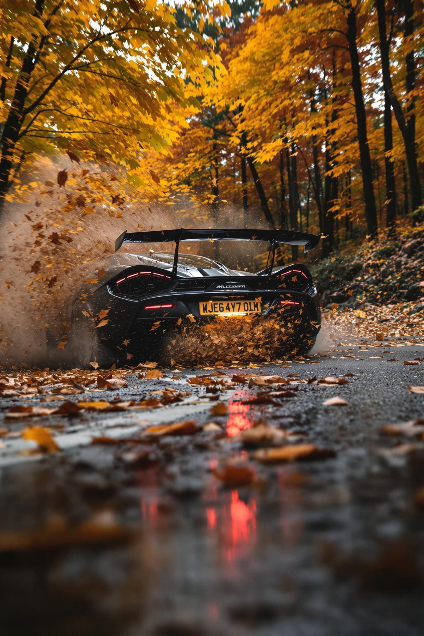 Matte black sports car drifting on wet forest road with exploding autumn leaves