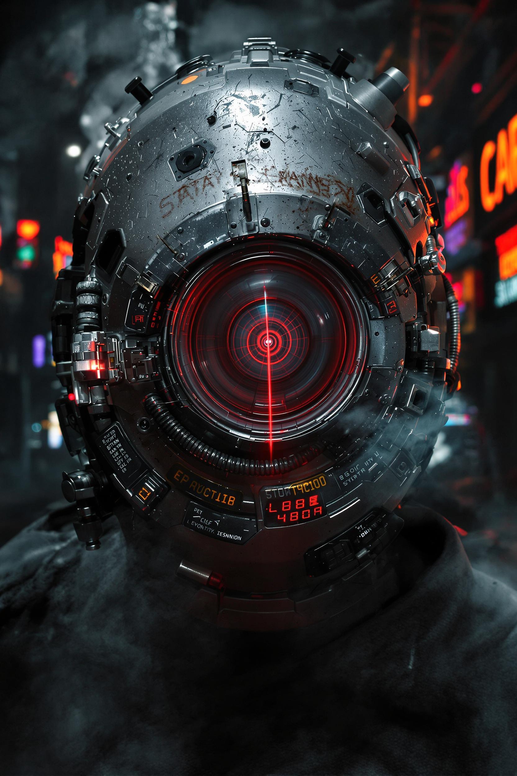 Cyberpunk cyborg helmet eye with glowing red mechanical iris in a neon city setting