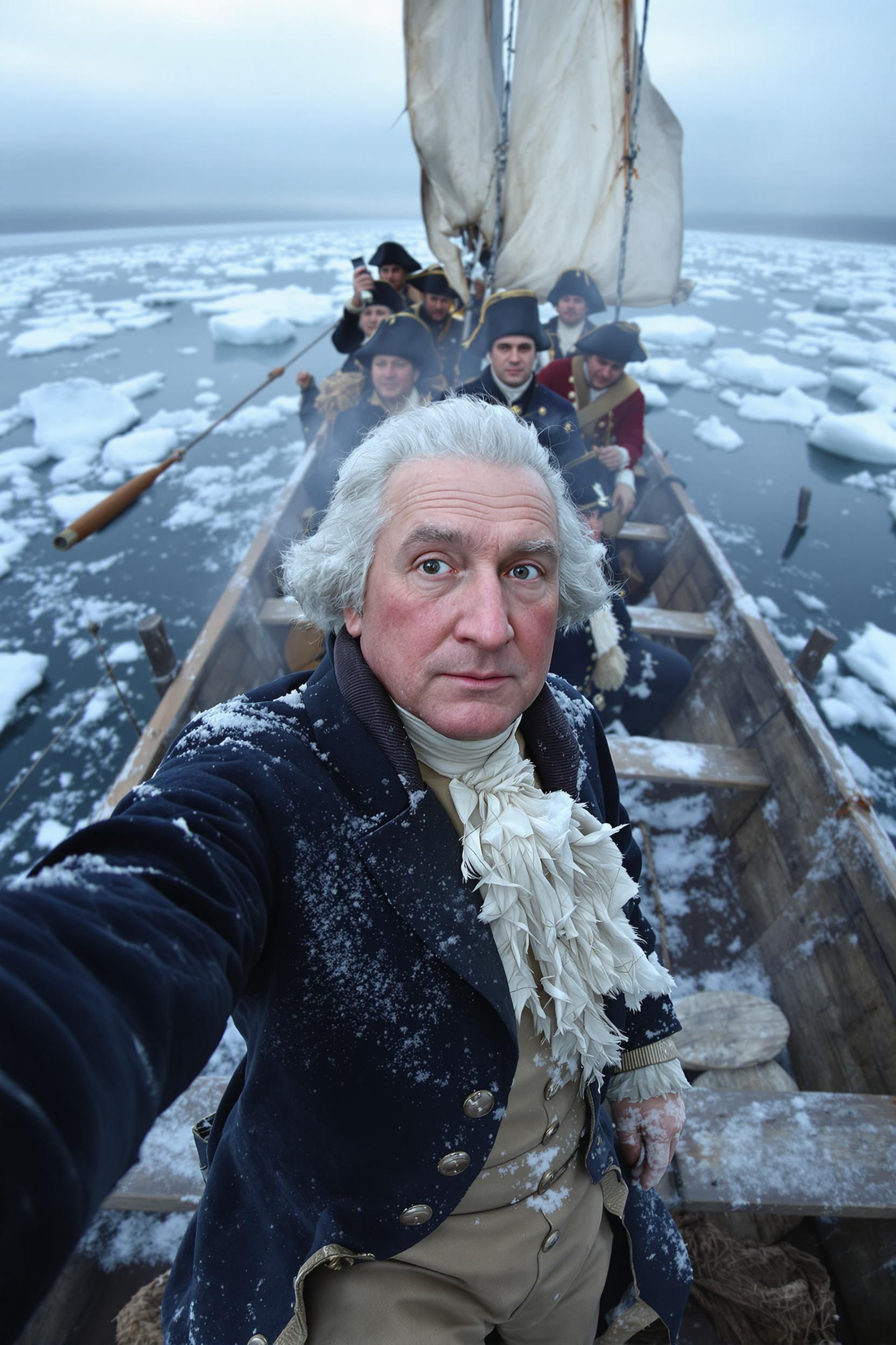 George Washington selfie on a boat crossing icy Delaware River with soldiers in winter