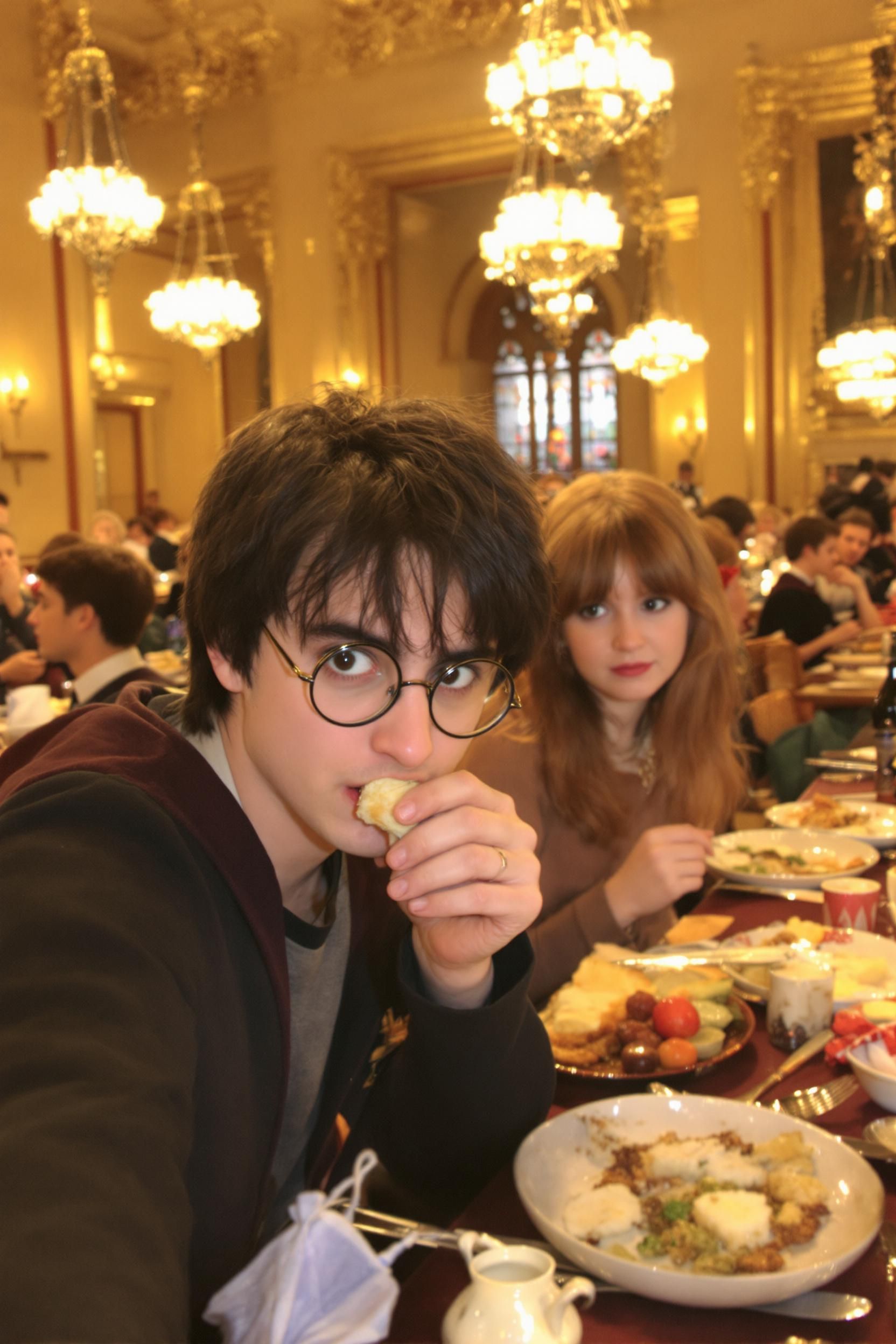 Harry and Hermione smartphone selfie inside the Hogwarts Great Hall