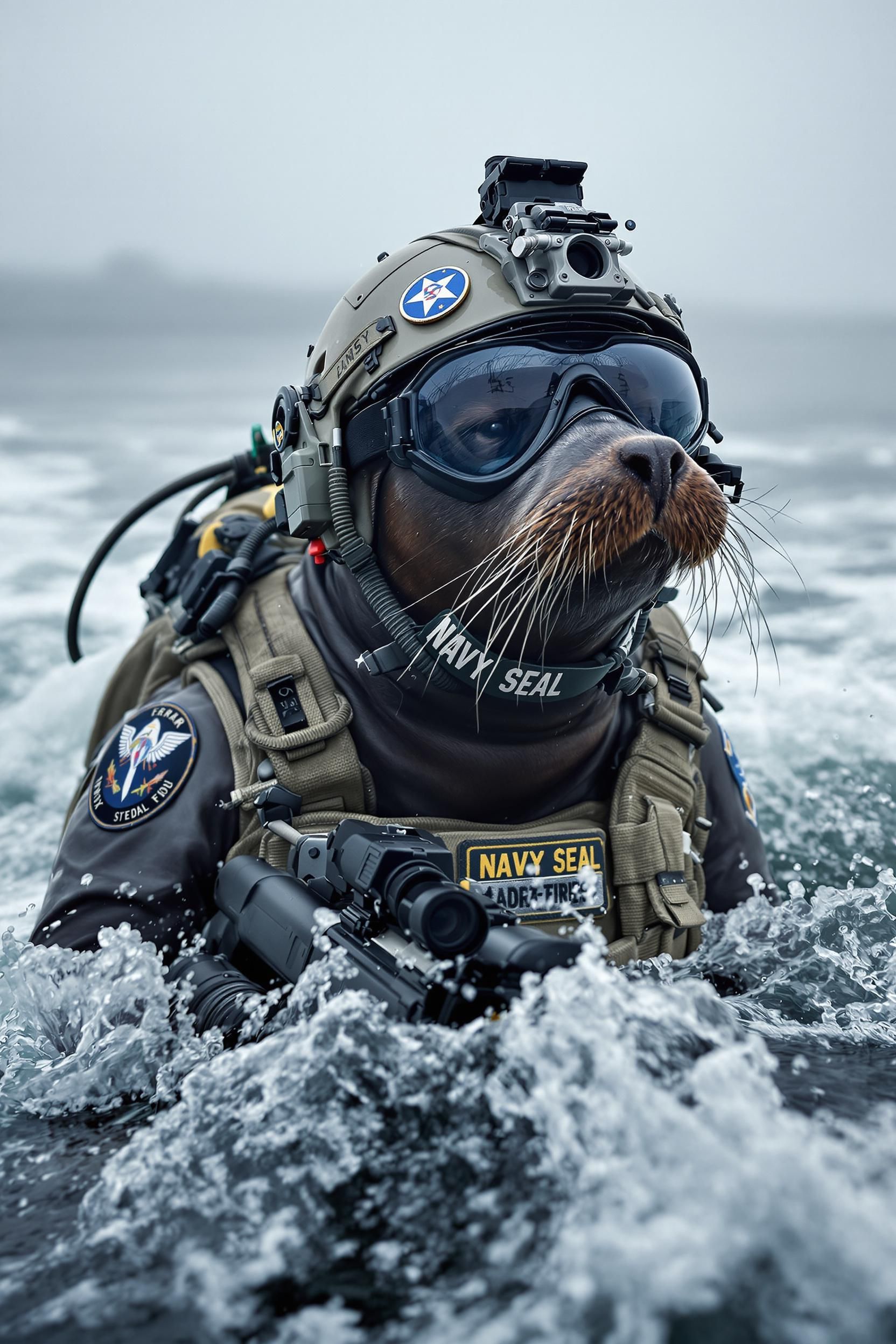 Harbor seal in elite tactical Navy SEAL gear emerging from rough ocean surf