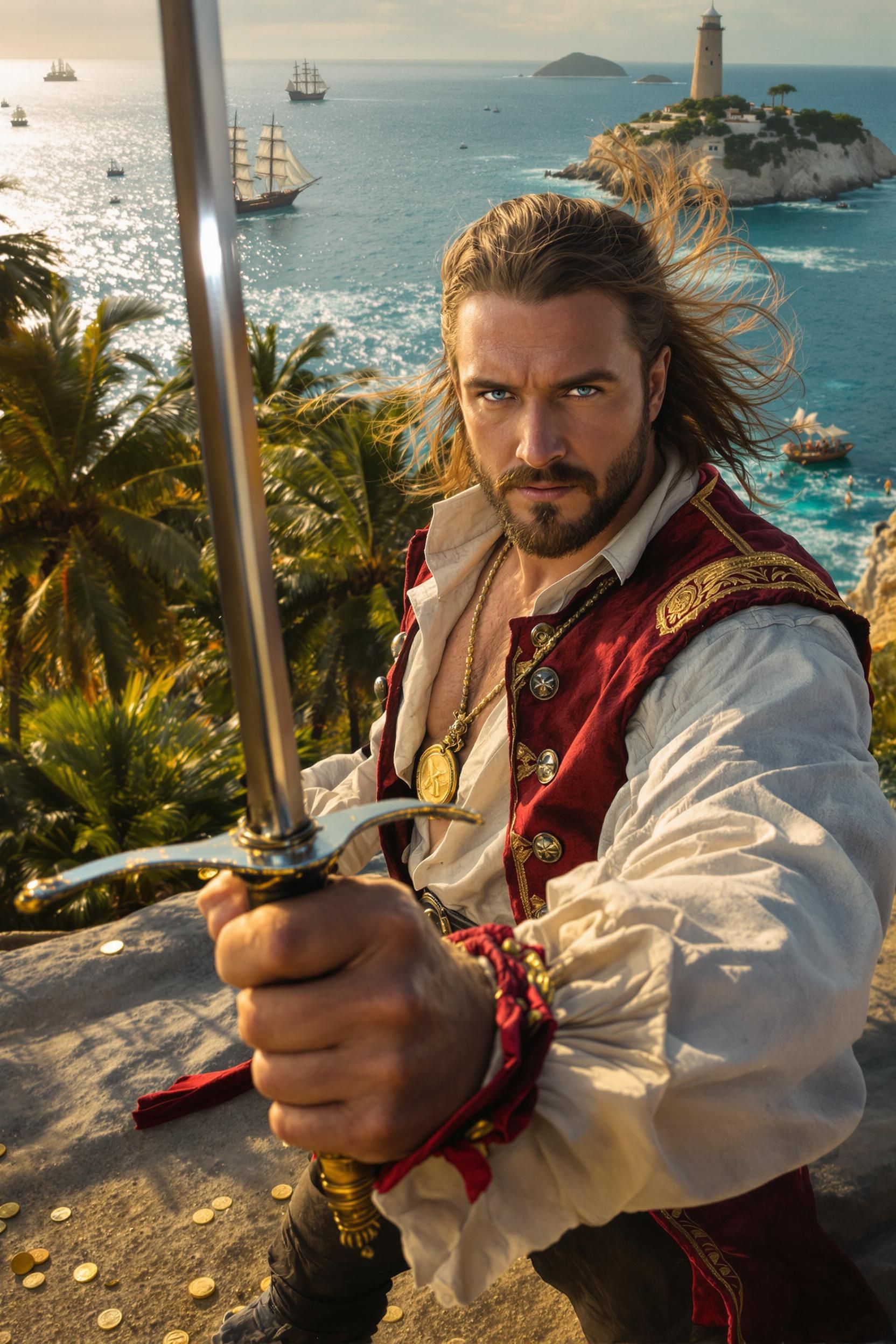 Pirate holding a rapier on a tropical island cliff with ocean background