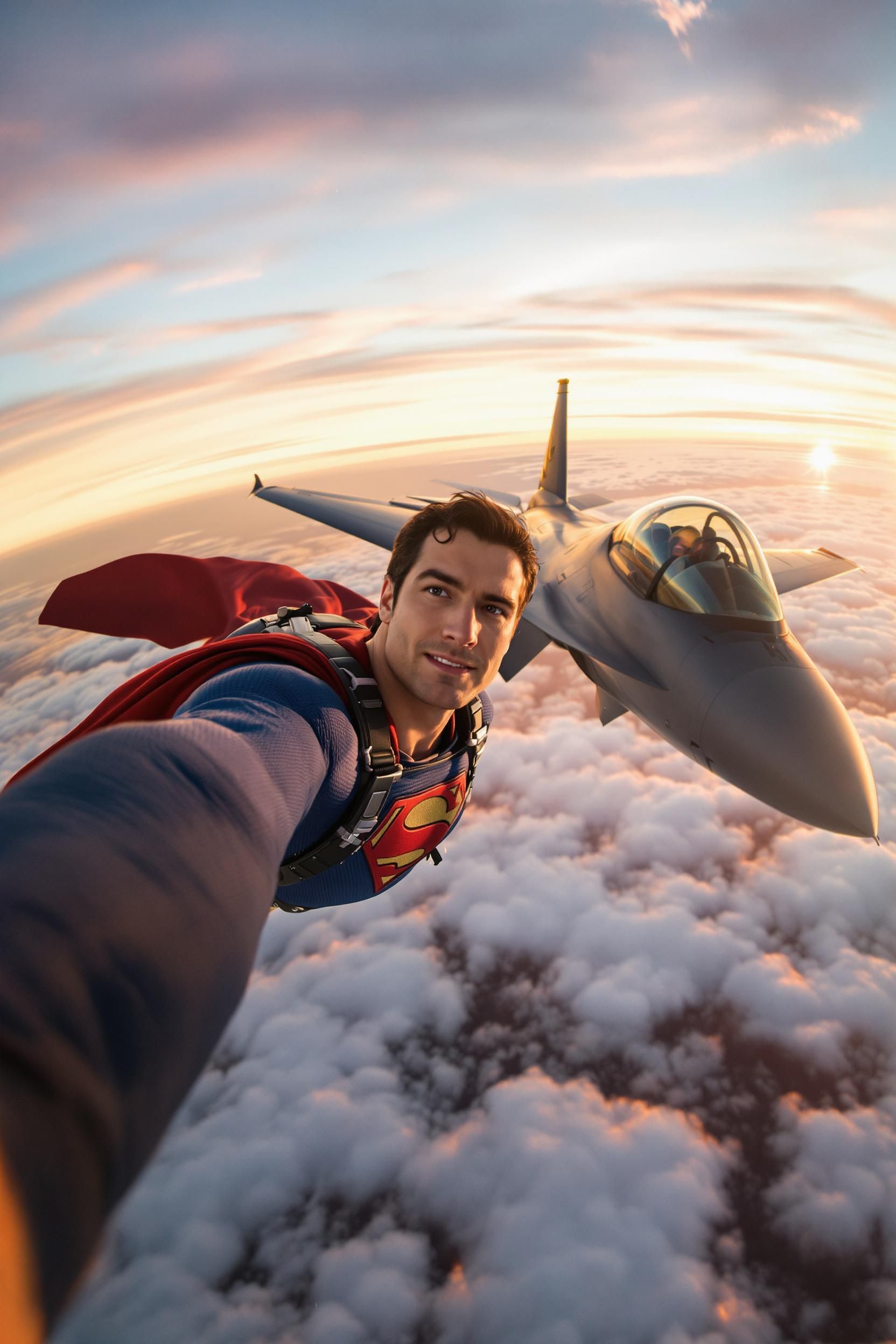 Superman selfie flying next to a fighter jet above clouds at sunset
