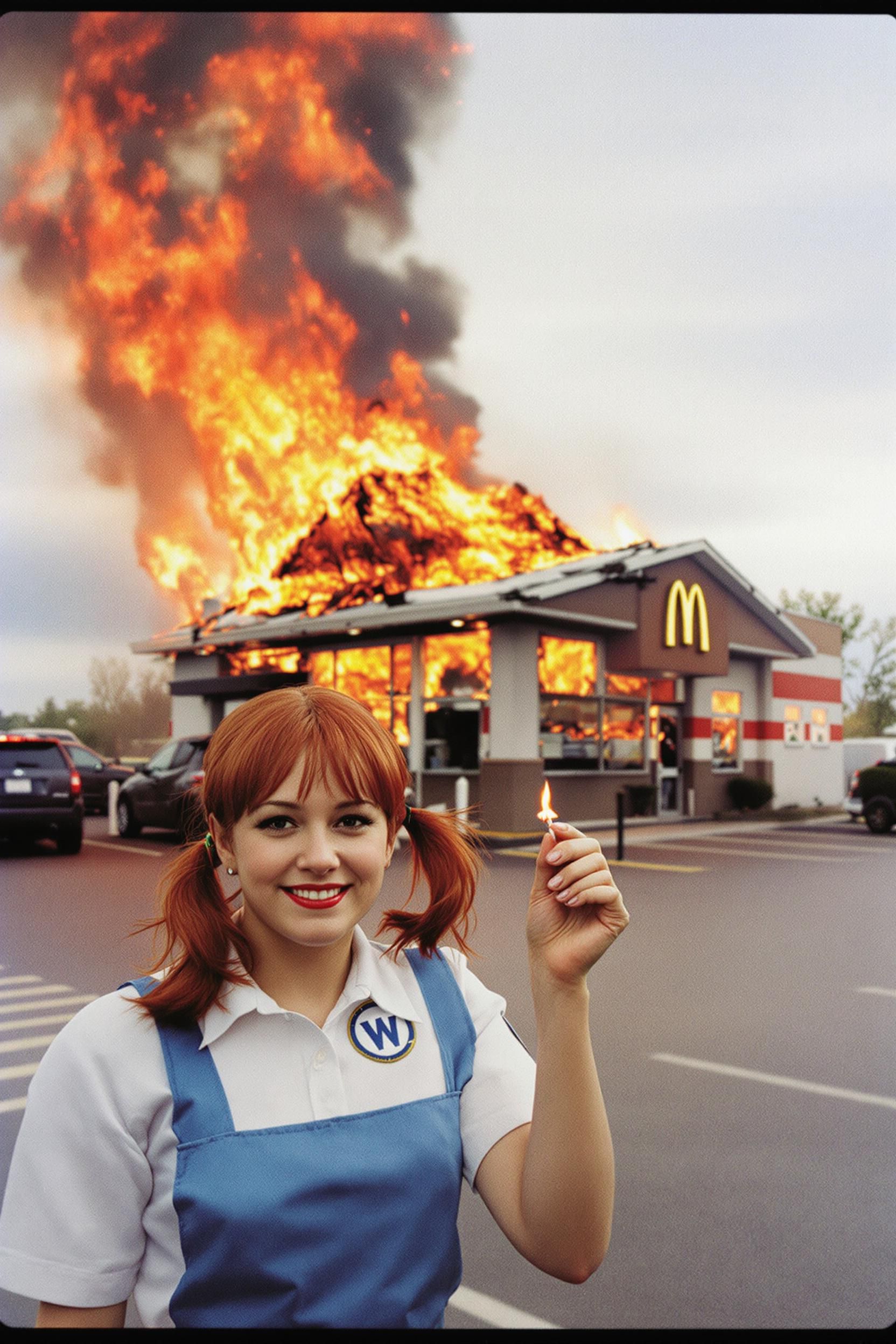 Wendy-style character holding a match with a burning fast-food building in the background