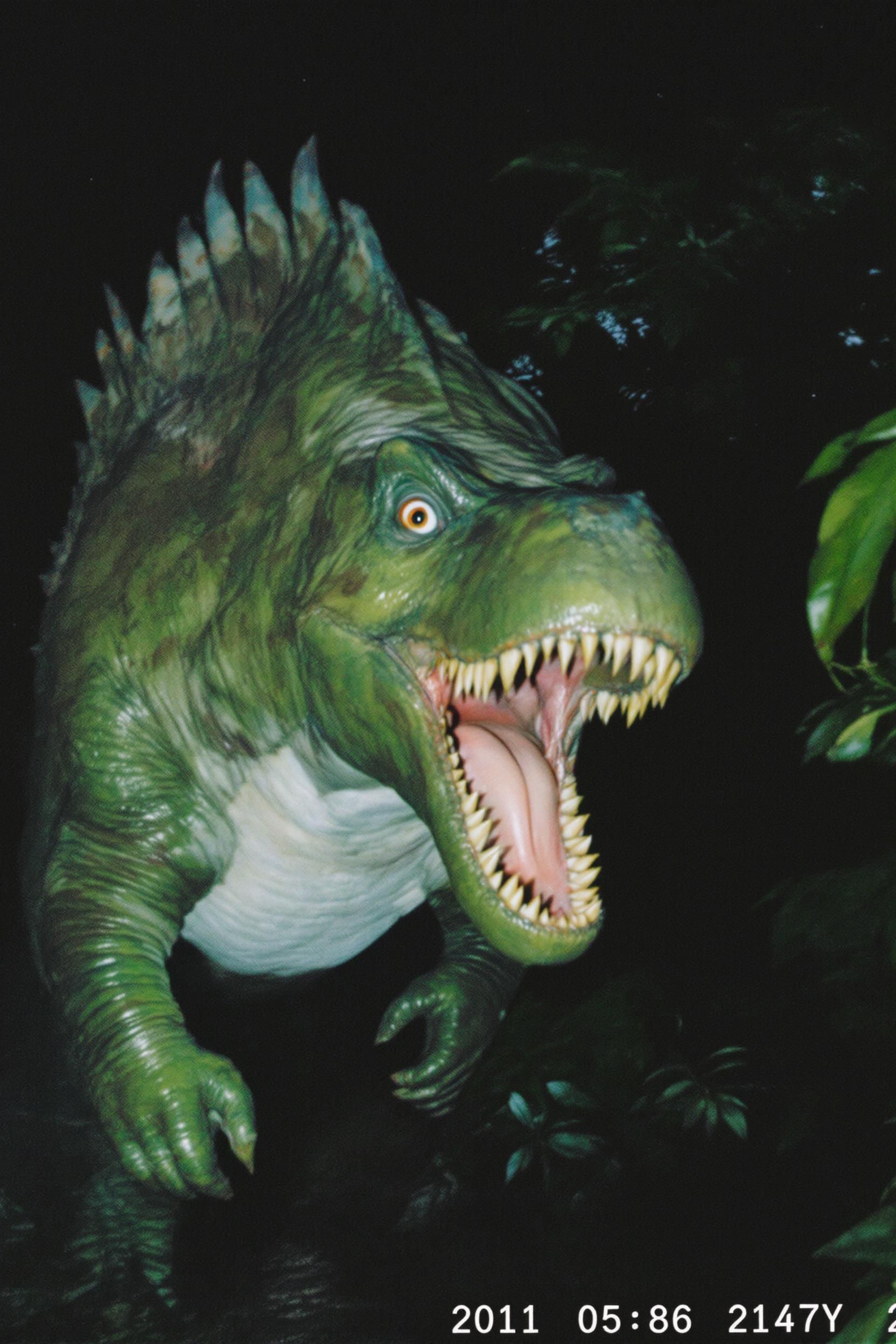 Wild green dinosaur creature in dark jungle night, found-footage style close-up